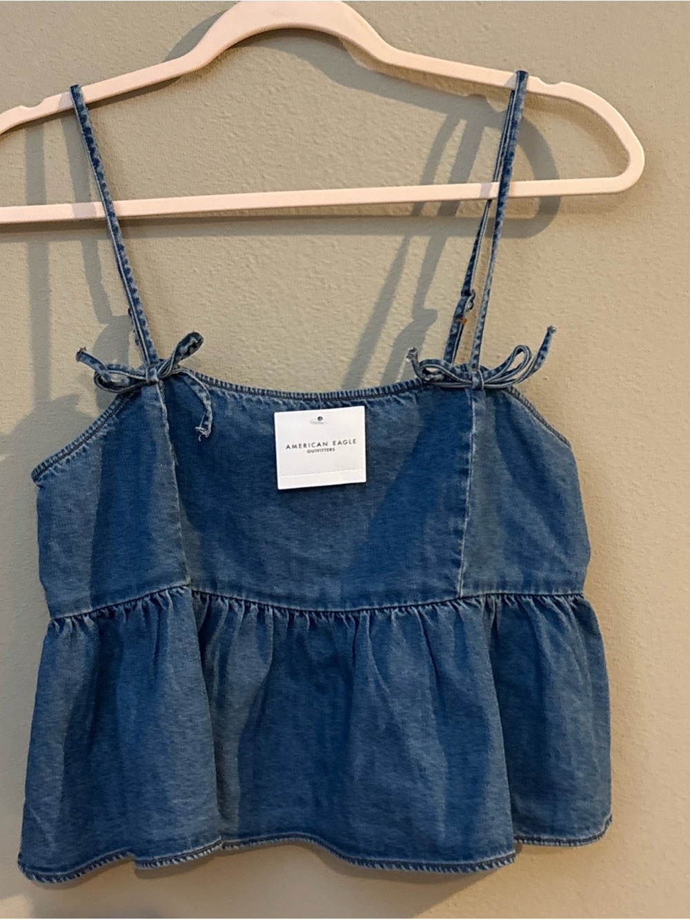American Eagle Denim Peplum Coquette Baby Doll Top With Bows Size Medium NEW